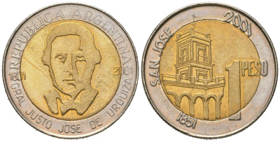 Аргентина 1 песо 2001 200 лет со дня рождения Хусто Хосе де Уркиза KM 132 биметалл UNC 4619-1122