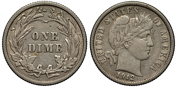 США 10 центов (дайм) 1912 тип Барбер (Barber) KM 113 серебро 272-1143