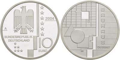 ФРГ 10 евро 2004 A, Баухауз в Дессау, геометрия KM 230, DE.S 10.13 серебро PROOF 413-6314
