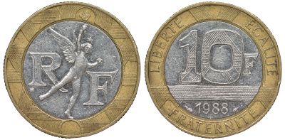 Франция 10 франков 1988 тип гений Бастилии KM 964.1, Le Franc 375.2 биметалл 45-514