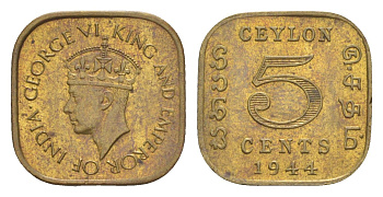 Цейлон 5 центов 1944 KM 113.2 никель латунь UNC 1516-132