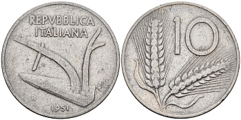 Италия 10 лир 1951 R, плуг, первый год KM 93 алюминий    4153-112