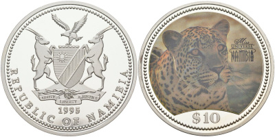Намибия 10 долларов 1995 мисс вселенная, леопард, цветная эмаль, тираж 10000 экз. KM 10 серебро PROOF 00-000-00