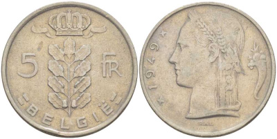 Бельгия 5 франков 1949 Belgie, Леопольд III (1934-1951) KM 135.1 медно-никель 213-413