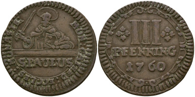 Мюнстер 3 пфеннига 1760 KM 430 медь 272-242