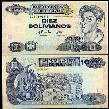 Боливия 10 боливиано 1986 (1987-2001) серия E, Сесилио Гусман де Рохас Pick 204 c  бумага  UNC (пресс) 7202-6-2