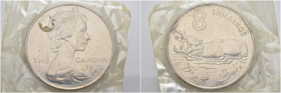 ГАМБИЯ 8 ШИЛЛИНГОВ 1970 ГИППОПОТАМ, БЕГЕМОТ, БАНКОВСКАЯ ЗАПАЙКА KM 7 медно-никель UNC 01-170-15