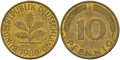 ФРГ 10 пфеннигов 1980 G J. 383, KM 108 сталь плакированная латунью    4603-453