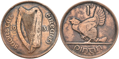 Ирландия 1 пенни 1931 курица с цыплятами KM 3 бронза 88-326