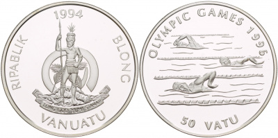 Вануату 50 вату 1994 Олетние Олимпийские игры 1996 года в Атланте, плавание KM 24 серебро PROOF 1088-3-44