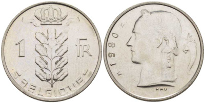 БЕЛЬГИЯ 1 ФРАНК 1980 BELGIQUE, БОДУЭН I (1951-1993) KM 142.1 медно-никель UNC 213-543