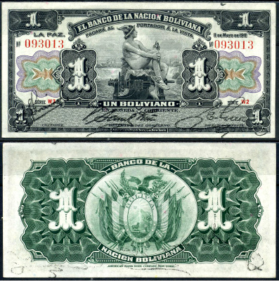 Боливия 1 боливано 1911 серия W2 красная, Меркурий Pick 102 b (2)  бумага   451-264-1