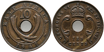 Британская Восточная Африка 10 центов 1941 I, Георг VI (1937-1952) KM 26.1 бронза 4542-544