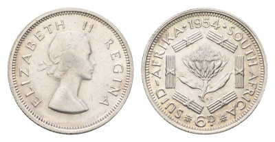 ЮАР 6 пенсов 1954 Елизавета II (1952-2022) KM 48 серебро UNC 4679-144