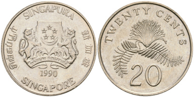 Сингапур 20 центов 1990 KM 52 медно-никель 4364-2543