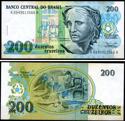 Бразилия 200 крузейро 1990 Pick 229 бумага UNC (пресс) 8588-23-2-2