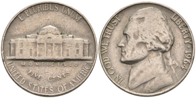 США 5 центов 1964 Джефферсон KM А192 медно-никель 92-1111