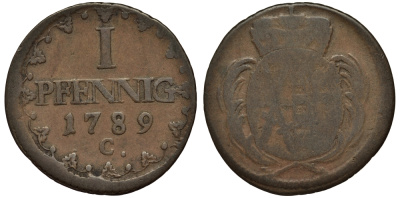 Саксония 1 пфенниг 1789 Фридрих Август III (1763-1806), из коллекции Gerhart Rother KM 1000, Merseb. 2022 медь 413-6642