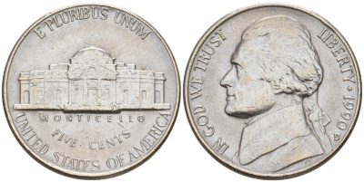 США 5 ЦЕНТОВ 1990 D, ДЖЕФФЕРСОН KM A192 медно-никель 190-152