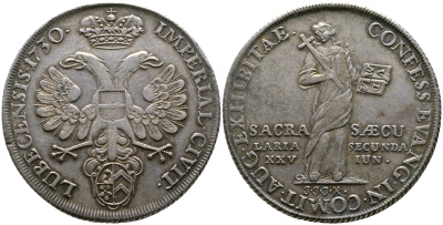 Любек 1 талер 1730 200 лет перехода в Аугсбургского вероисповедания Dav. 2416 серебро 00-000-00