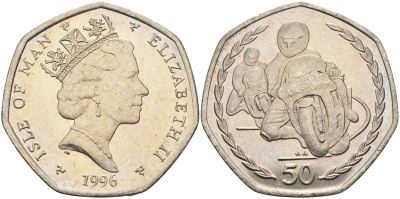 Остров Мэн 50 пенсов 1996 АА, мотогонки, Елизавета II (1952), диаметр 30 мм. KM 593 медно-никель BUNC 00-807-24