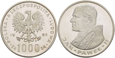 Польша 1000 злотых 1982 MW, визит папы Иоанна Павла II в Польшу KM 144, Parchimowicz 337a серебро UNC 1087-6-64