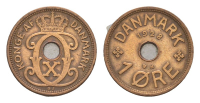 Дания 1 эре 1928 N, Кристиан X (1912-1947) KM 826 бронза 4658-139