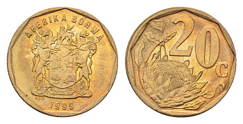 ЮАР 20 центов 1999 герб, цветок протея KM 162 сталь плакированная латунью UNC 4694-913