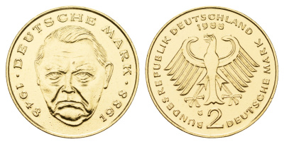 ФРГ 2 марки 1988 G, Людвиг Эрхард, 40 лет Федеративной Республике (1948-1988) KM 170 медно никель плакированный золотом 11-015-41