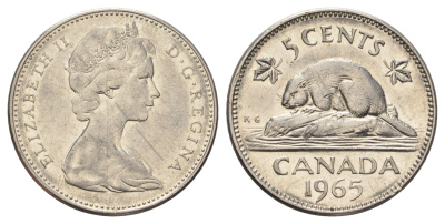Канада 5 центов 1965 Елизавета II (1952-2022), бобр KM 60.1 никель 4689-344