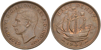 Великобритания 1/2 пенни 1937 Георг VI (1936-1952) KM 844, Spink 4115 бронза 4126-745