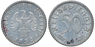 Германия 50 рейхспфеннигов 1939 A цена по каталогу МТ 28 евро J. 372, KM 96 алюминий 72-1247