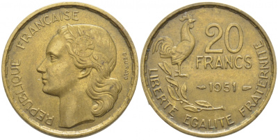 ФРАНЦИЯ 20 ФРАНКОВ 1951 ПЕТУХ, 4 ПЕРА KM 917.1, LE FRANC 402.7 алюминиевая бронза 3856-414