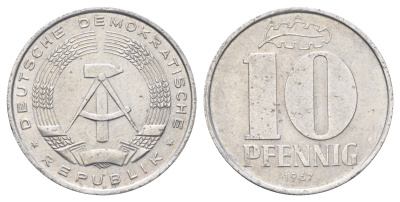 ГДР 10 пфеннигов 1967 A KM 10 алюминий 4697-627