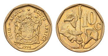 ЮАР 10 центов 1994 герб, цветок алоэ KM 135 сталь плакированная бронзой UNC 4694-664