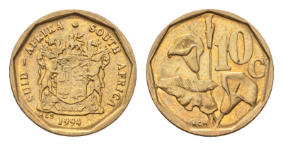 ЮАР 10 центов 1994 герб, цветок алоэ KM 135 сталь плакированная бронзой UNC 4694-664