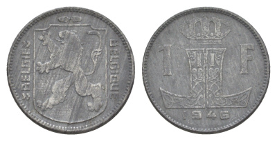 Бельгия 1 франк 1946 Belgie - Belgique, Леопольд III (1934-1947), германская оккупация, Вторая мировая война KM 128 цинк 4613-1016