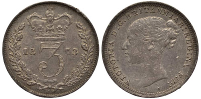 Великобритания 3 пенса 1873 Виктория (1837-1901) KM 730, Spink 3914С серебро 413-3825