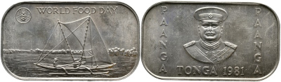 ТОНГА 1 ПААНГА 1981 КОРОЛЬ ТАУФА’АХАУ ТУПОУ IV (1967-2006), ПАРУСНАЯ ЛОДКА, FAO, РАЗМЕР 47 Х 257 ММ. KM 72 медно-никель UNC 4527-925