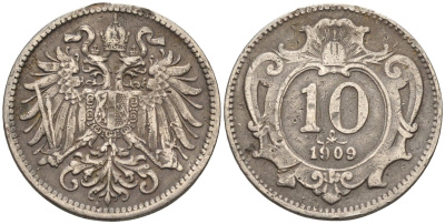 Австрия 10 геллеров 1909 Франц Иосиф I (1848-1916) KM 2802 никель 4585-136