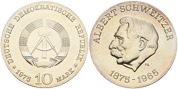 ГДР 10 марок 1975 A, 100 лет со дня рождения Альберта Швейцера, большой герб KM 56, J. 1554 серебро UNC 413-5724