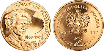 Польша 2 злотых 2011 MW, 70 лет со дня смерти Игнация Яна Падеревского (1860-1941) KM 789 нордик UNC 4676-826
