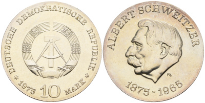 ГДР 10 марок 1975 A, 100 лет со дня рождения Альберта Швейцера, большой герб KM 56, J. 1554 серебро UNC 413-5724