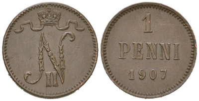 Россия для Финляндии 1 пенни 1907 Николай II (1894-1917) Биткин 468 медь 4615-339