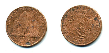 БЕЛЬГИЯ 2 ЦЕНТА 1870 KM 35.1 медь 58-1036