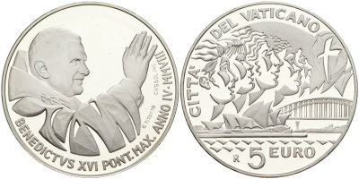 Ватикан 5 евро 2008 Бенедикт XVI, XXVII летние Олимпийские игры 2000 года в Сиднее, в оригинальной коробке, с сертификатом KM 406 серебро  PROOF  7-1-1-29