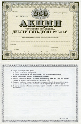 СССР акция трудового коллектива, номиналом 250 рублей, бланк ND Гознак, 1989   бумага   8804-135-1