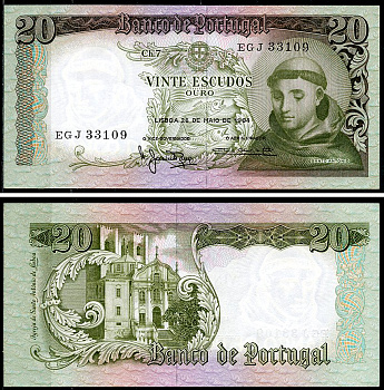 Португалия 20 эскудо 1964 Антоний Падуанский, Manuel Jacinto Nunes и Antonio Osorio Pereira de Castro Pick 167 b (3)  бумага  UNC (пресс) 6294-72-4-1
