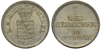 Саксония 1 новый грош - 10 пфеннигов 1852 Фридрих Август II (1797-1854) KM 1159, J. 82 серебро aUNC 413-4642