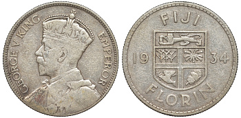 Фиджи 1 флорин 1934 Георг V (1910-1936), герб Фиджи KM 5 серебро    91-1123